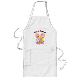 Life Is Sweet Cute Pink Ice Cream and Dessert T-Sh Long Apron