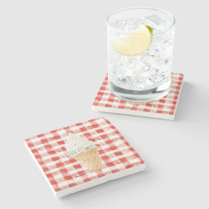 Life is sweet vanilla ice cream cone red plaid stone coaster