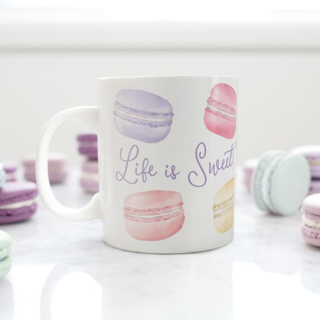 Life is Sweet Watercolor Rainbow Macaroon Monogram Coffee Mug (Creator Uploaded)