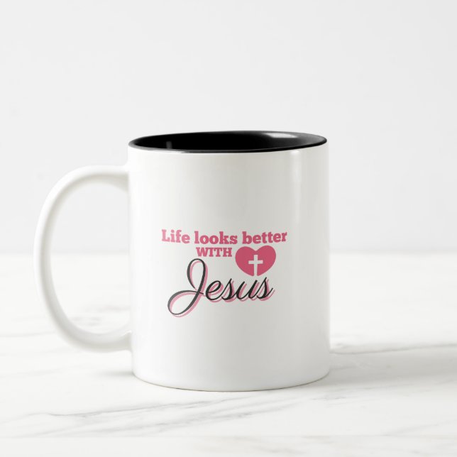 Life Looks Better With Jesus Two-Tone Coffee Mug (Left)