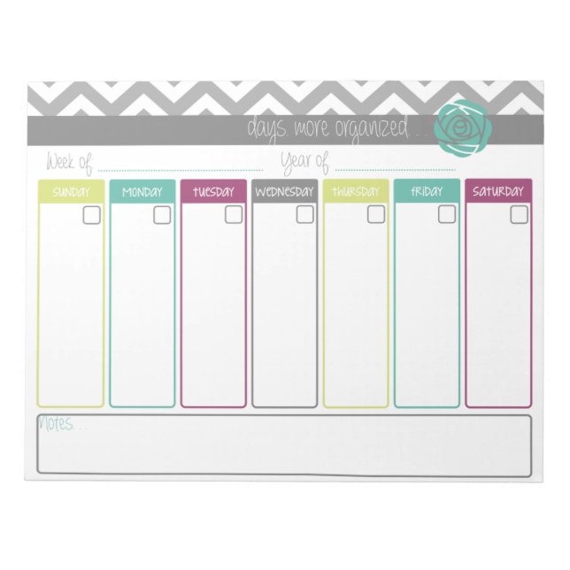 Life. More Organised.  Weekly Calendar Notepad (Front)