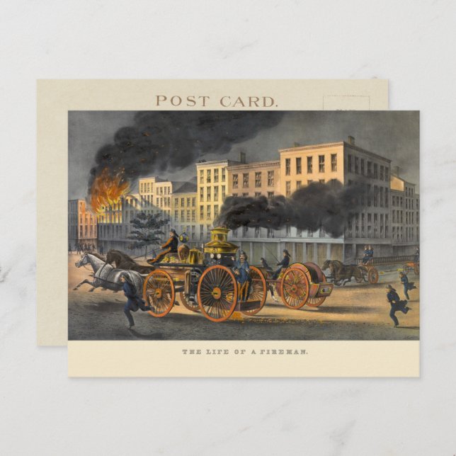 Life of a Fireman Vintage 1860s Lithograph Postcard (Front/Back)