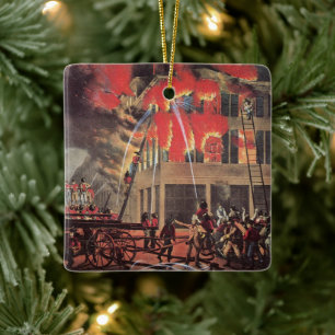Life of a Fireman, Vintage Firemen Fighting a Fire Ceramic Tree Decoration