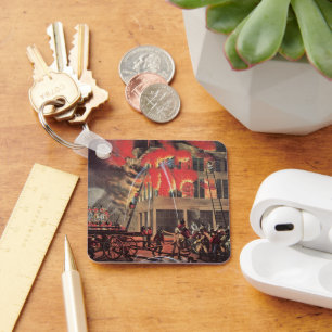 Life of a Fireman, Vintage Firemen Fighting a Fire Key Ring