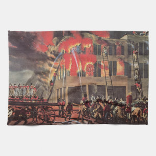 Life of a Fireman, Vintage Firemen Fighting a Fire Tea Towel
