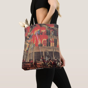 Life of a Fireman, Vintage Firemen Fighting a Fire Tote Bag