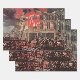 Life of a Fireman, Vintage Firemen Fighting a Fire Wrapping Paper Sheet