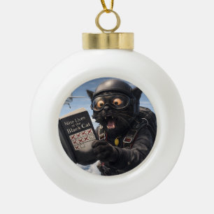 Life, oh bugger, funny skydiving black cat Christm Ceramic Ball Christmas Ornament