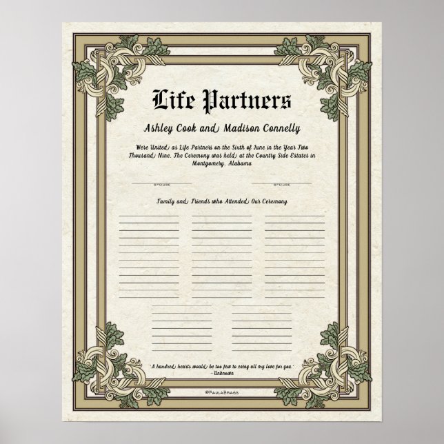 "Life Partners" Guest Register Wedding Certificate Poster (Front)