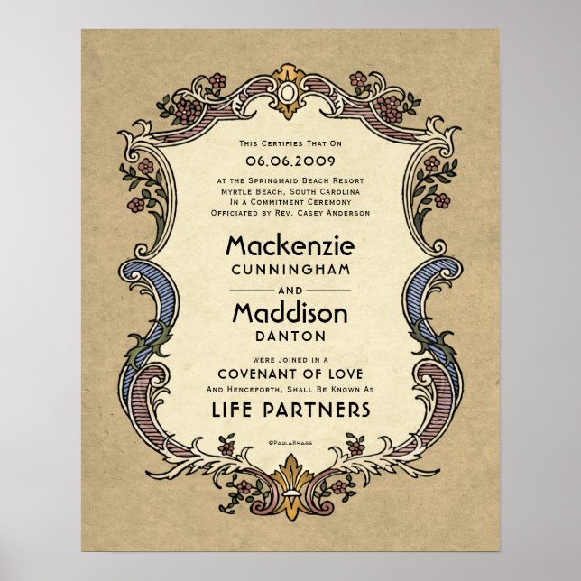 Life Partners Ornate Border Wedding Certificate Poster (Front)