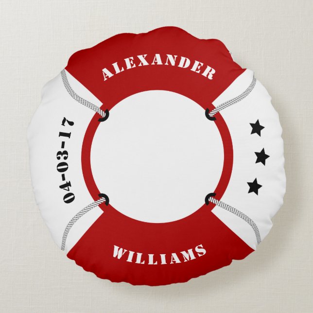 Life Ring, Lifebuoy, Red and White Nautical Round Cushion (Back)
