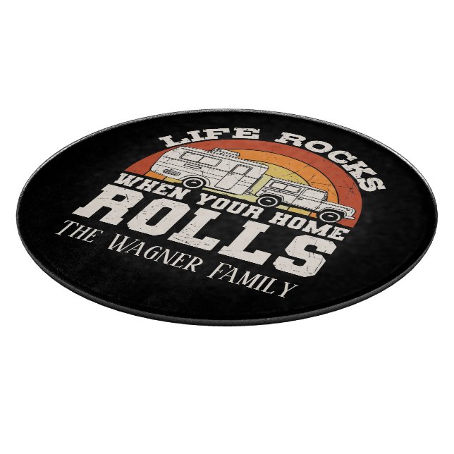 life rocks rolls add name camper cutting board (Corner)