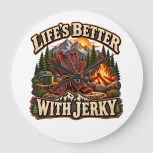 Life’s Better With Jerky Rustic Camping Adventure Large Clock