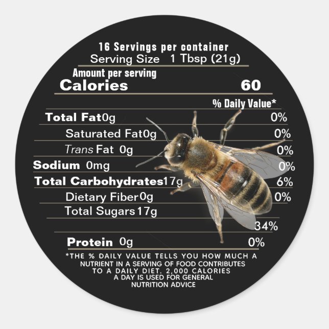 Life Size Bee Mini Honey Nutrition Facts Black   C Classic Round Sticker (Front)