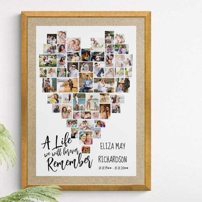 Life to Remember Heart Shaped 51 Photo Memorial Poster (Funeral memorial poster to order professionally printed or as a printable digital download)