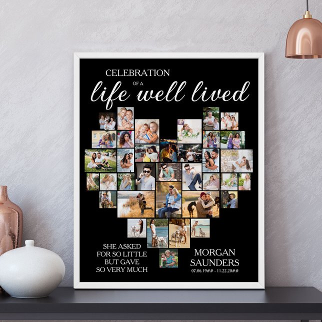 Life Well Lived Heart Shaped Photo Collage Funeral Poster (Life Well Lived Photo Collage Memorial Sign - available printed or as a digital download)