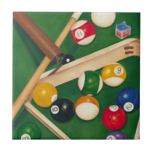 Lifelike Billiards Table with Balls and Chalk Tile