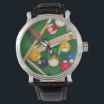 Lifelike Billiards Table with Balls and Chalk Watch<br><div class="desc">Rack 'em up with this spectacular painting of a billiards table by Jennifer Goldberger. The balls look new, the felt looks immaculate, and the chalk has already been applied to the cue sticks. Hang this in your home, or gift it to a friend or loved one who enjoys a game...</div>