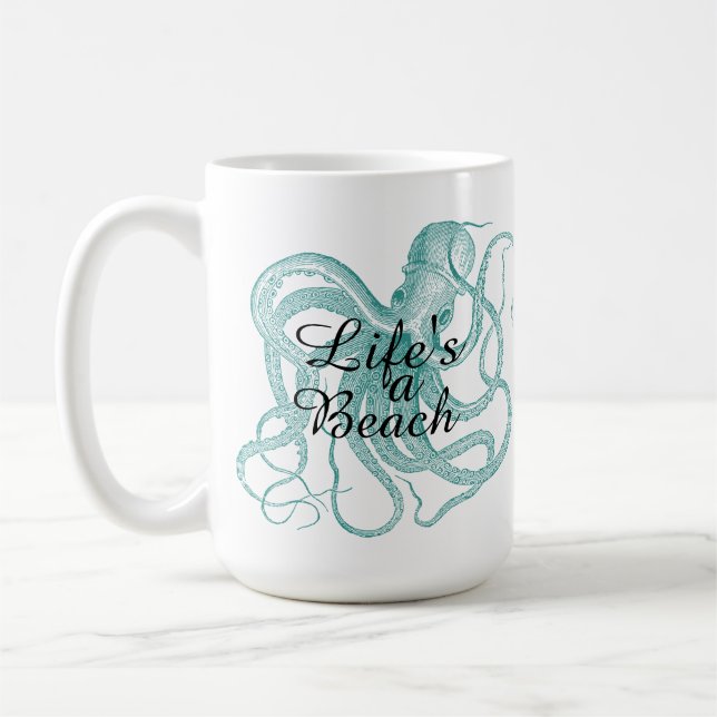 Life's a Beach Blue-Green Octopus Coffee Mug (Left)