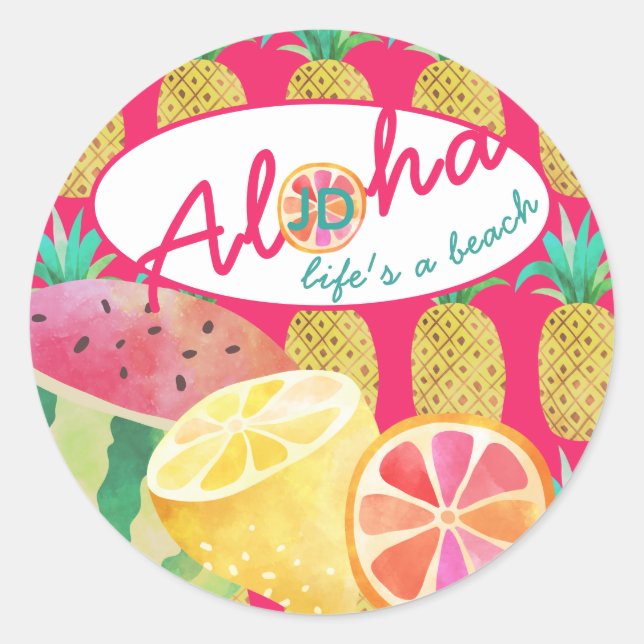 Lifes a Beach! Fun Tropical Fruit Monogrammed Classic Round Sticker (Front)