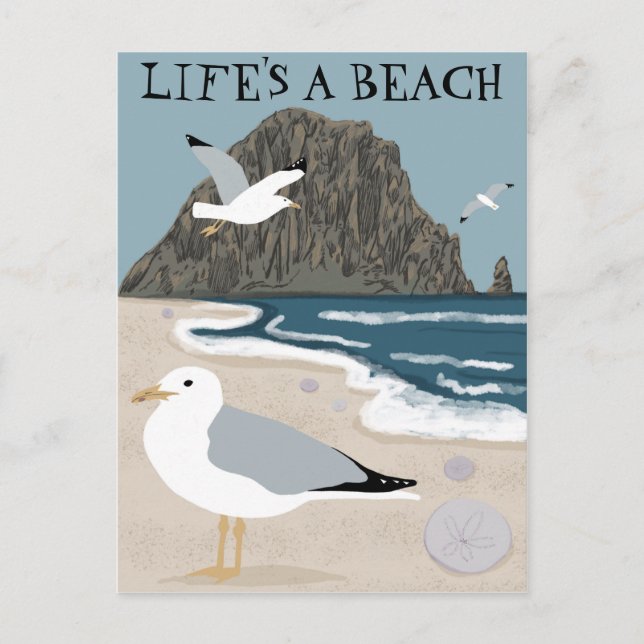 LIFE'S A BEACH Morro Rock California Seagulls Postcard (Front)