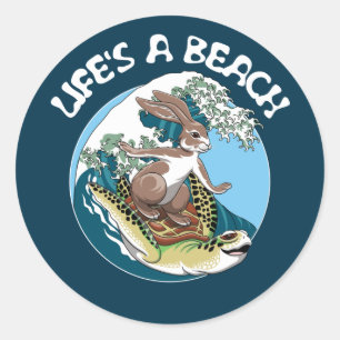 Life's a Beach - Rabbit and Turtle Surfing Classic Round Sticker