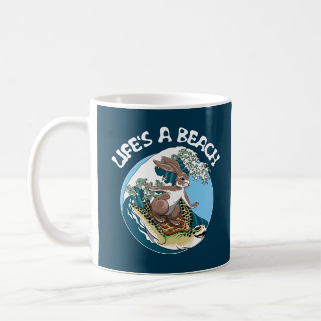 Life's a Beach - Rabbit and Turtle Surfing Coffee Mug (Left)