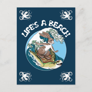 Life's a Beach - Rabbit and Turtle Surfing Postcard
