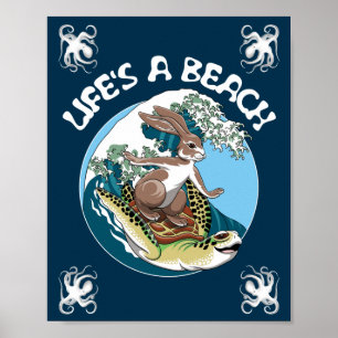 Life's a Beach - Rabbit and Turtle Surfing Poster