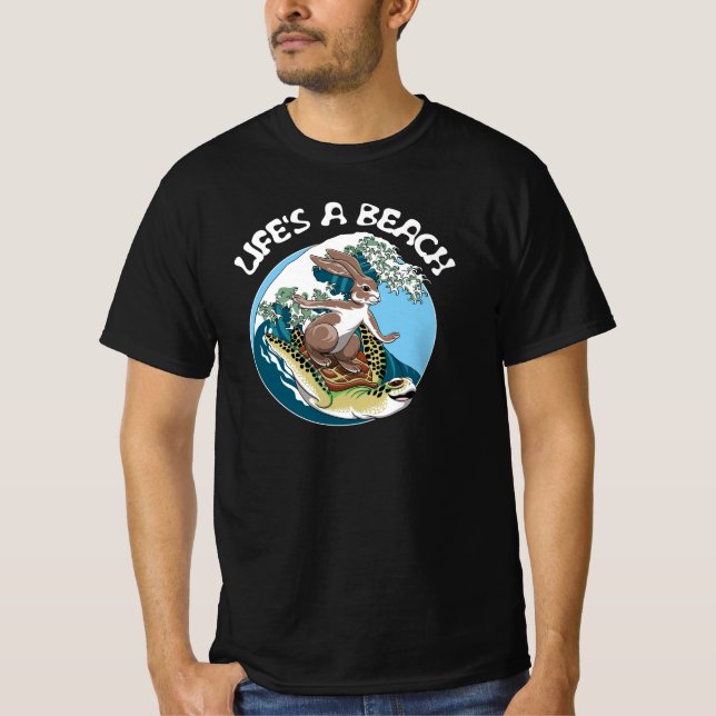 Life's a Beach - Rabbit and Turtle Surfing T-Shirt (Front)