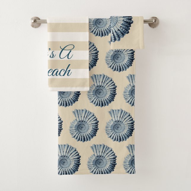 Life's A Beach Spiral Blue Seashells Bath Towel Set (Insitu)