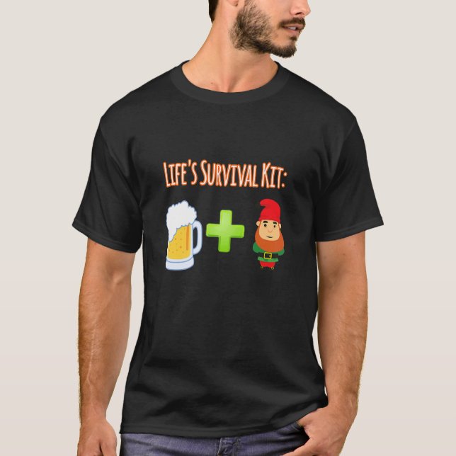 Life's Survival Kit Beer Plus Gnomes Design T-Shirt (Front)