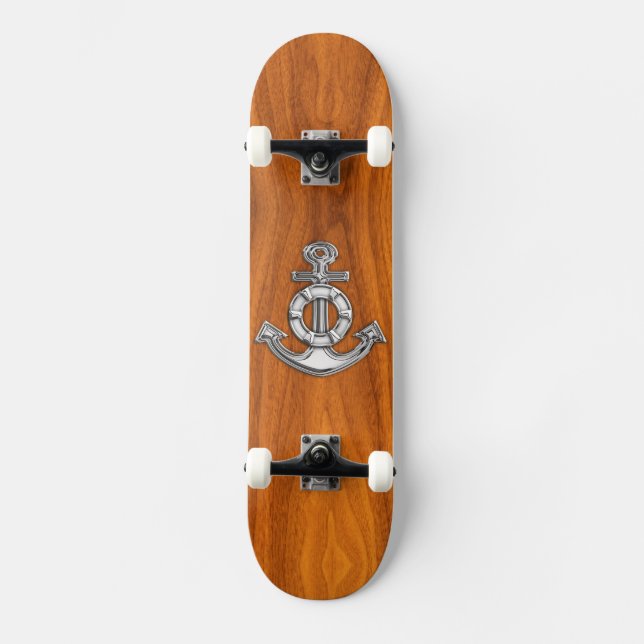 Lifesaver Chrome Anchor on Teak Veneer Styles Skateboard (Front)