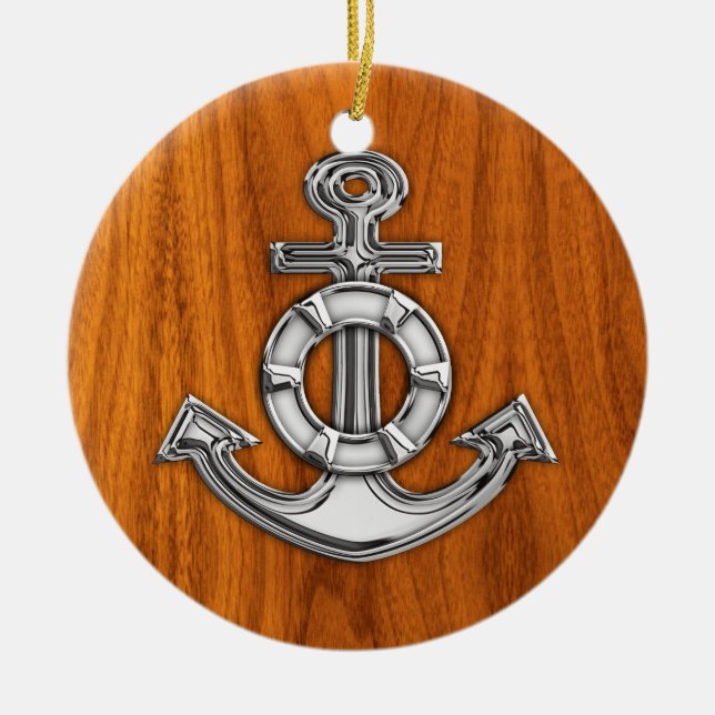 Lifesaver Chrome Like Anchor on Teak Veneer Ceramic Tree Decoration (Front)