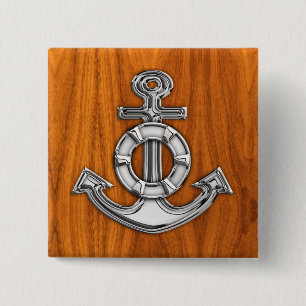 Lifesaver Chrome Style Anchor on Teak Veneer 15 Cm Square Badge