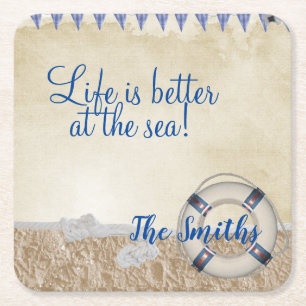Lifesaver on the sand square paper coaster