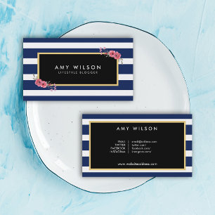Lifestyle Blogger Social Media Blue White Floral Business Card