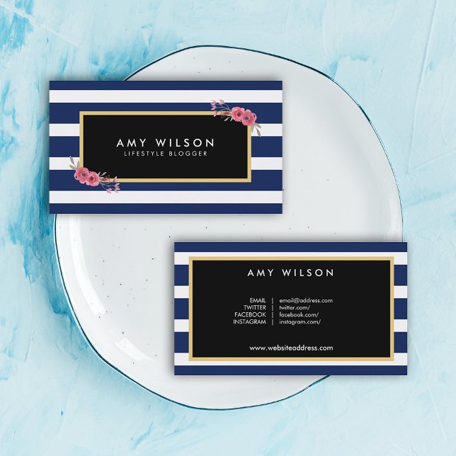 Lifestyle Blogger Social Media Blue White Floral Business Card (Creator Uploaded)