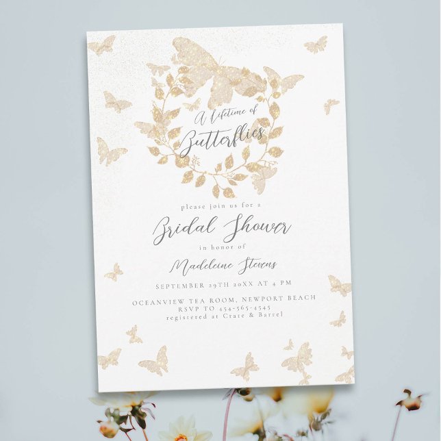 Lifetime Butterflies Gold Eucalyptus Bridal Shower Invitation (lifetime of butterflies bridal shower theme invitation gold eucalyptus greenery wreath gold garden)