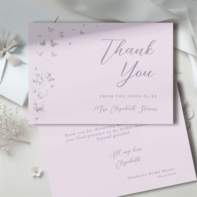 Lifetime Butterflies Lilac Glitter Bridal Shower Thank You Card (silver glitter butterflies bridal shower thank you card)