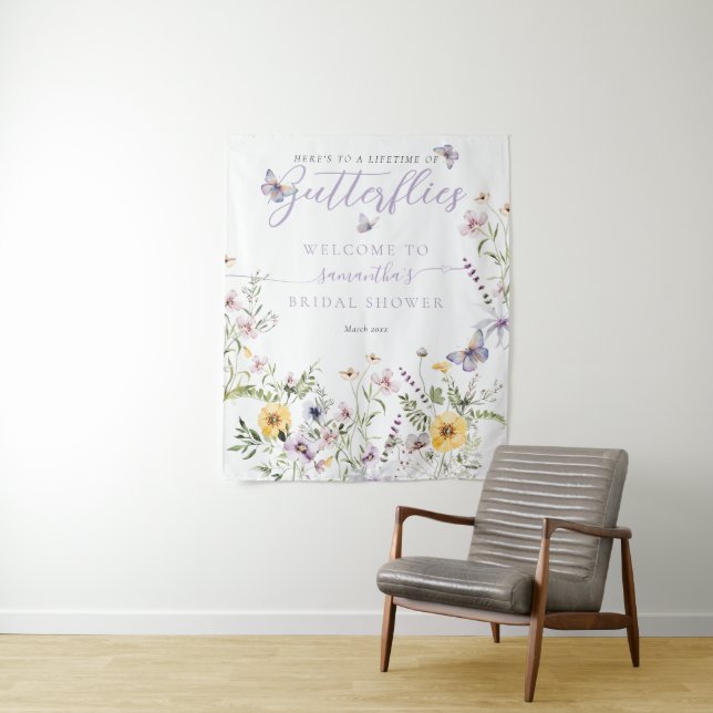 Lifetime of Butterflay Purple Floral Bridal Shower Tapestry (In Situ)