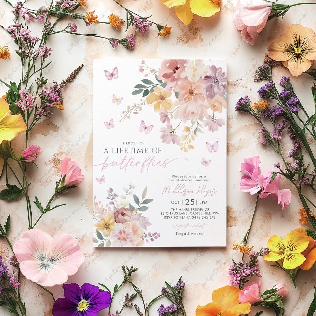 Lifetime of Butterflies Floral Bridal Shower Invitation (Here's to a lifetime of butterflies! Floral Bridal Shower Invitation )