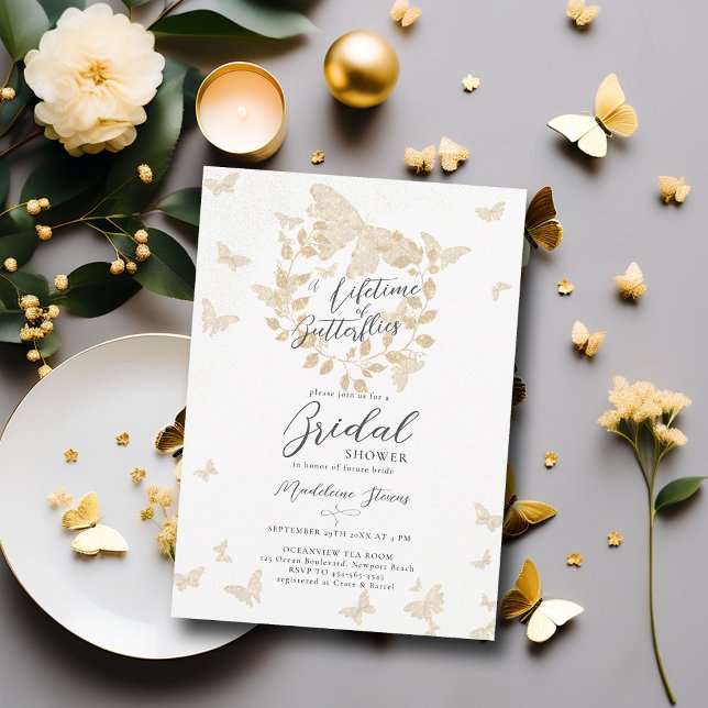 Lifetime of Butterflies Gold Garden Bridal Shower Invitation (lifetime butterflies gold eucalyptus wreath bridal shower invitation elegant garden party romantic)
