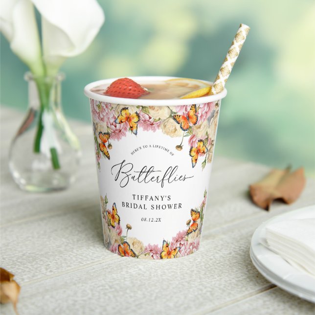 Lifetime of Butterflies Peonies Bridal Shower Paper Cups (Insitu)