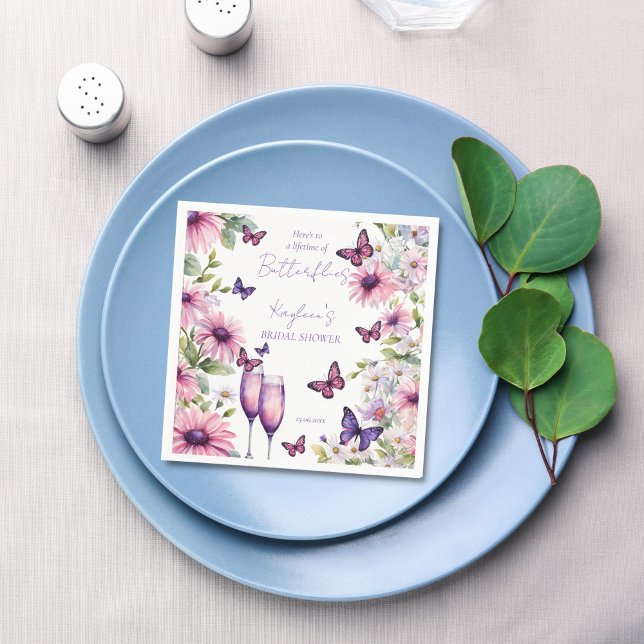 Lifetime of butterflies purple bridal shower napkin (To a Lifetime of butterflies purple pink bridal shower monogram printed napkins custom table decor)