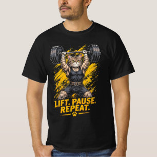 Lift Pause Repeat Funny Gym Cat Weightlifter T-Shirt