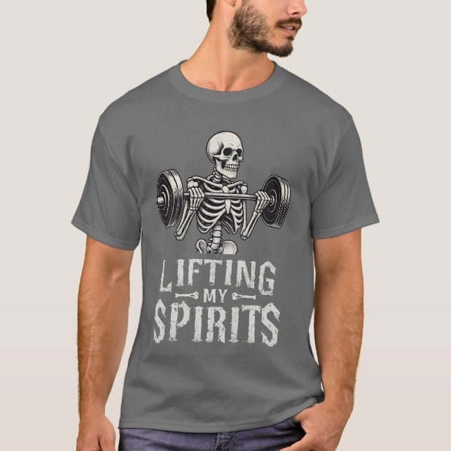 Lifting My Spirits Bodybuilding Skeleton Funny Gym T-Shirt (Front)