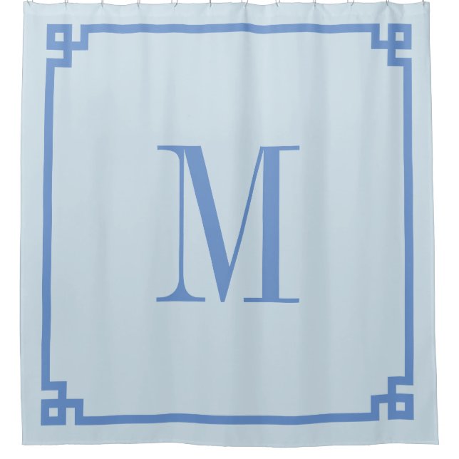 Light and Cornflower Blue Key Border Monogram Shower Curtain (Front)