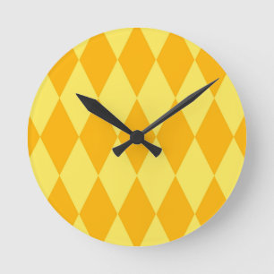Light and Dark Yellow Harlequin Diamonds Checkers Round Clock