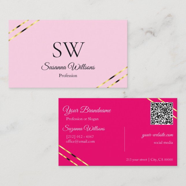 Light and Hot Pink Gold Lines Monogram QR Code Business Card (Front/Back)